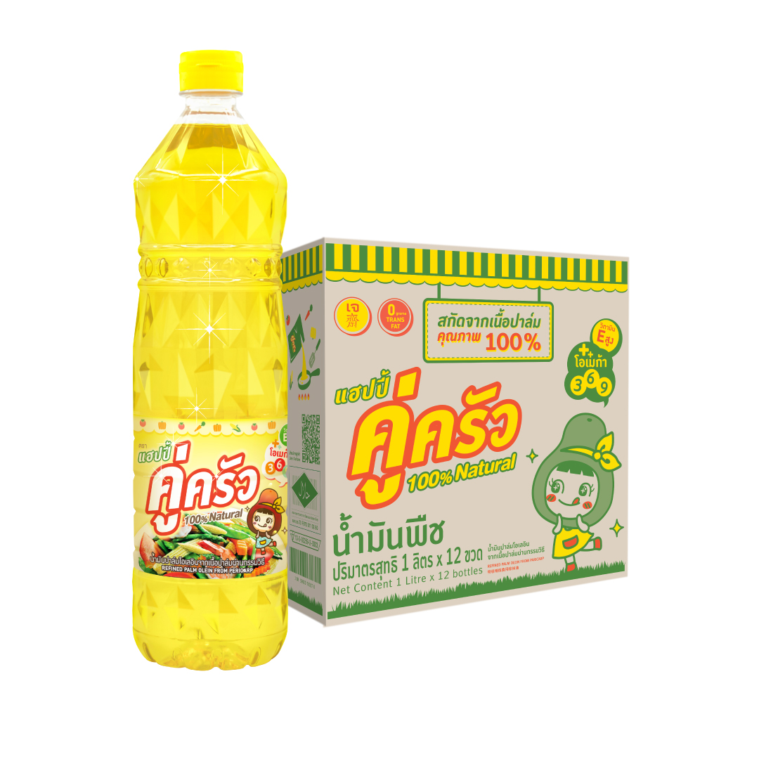 ຄູ່ຄຣັວ ນ້ໍາມັນປາລ໌ມ 1 ລິຕຣ 12 ຂວດ ນ້ໍາມັນພືຊຍກລັງ (ໄມ່ມີໄຂມັນທຣານສ໌/ວິຕາມິນອີສູງ/ອຍ./ຮາລາລ)