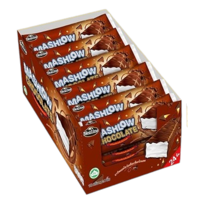 (1 ກລ່ອງ 24 ຊິ້ນ ) Mashlow Chocolate ມາຣ໌ຊໂລ່ເຄລືອບຊັອກໂກແລຕ ເນສໄລນ໌ ຫນຶບ ນຸ່ມ ອຣ່ອຍ ມາຣ໌ຊເມລໂລ່ຕັວດັງ ເຄີ້ຍວເພລິນ ຮາລາລ