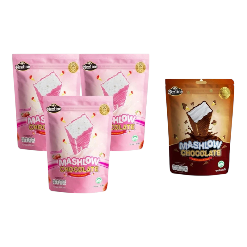 [ ໂປຣ 3 ແຖມ 1 ] MASHLOW ມາຣ໌ຊໂລ່ 80g  ຊັອກໂກແລຕເຄລືອບມາຣ໌ຊເມລໂລ່ແທ່ງ 2 ຣສຊາຕິ ຊັອກໂກແລຕ ສຕຣອວ໌ເບອຣ໌ຣີ ມາຣ໌ຊເມລໂລ່ ສຕຣອວ໌3 + ຊັອກ1