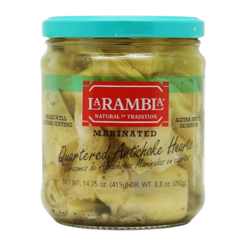 La Rambla Quarter Artichoke Heart Marinated ລາແຣມບລາ ອາຣ໌ຕິໂຊຄໃນນ້ໍາສ້ມສາຍຊູ ແລະນ້ໍາມັນຄາໂນລາ 415g (LR47)